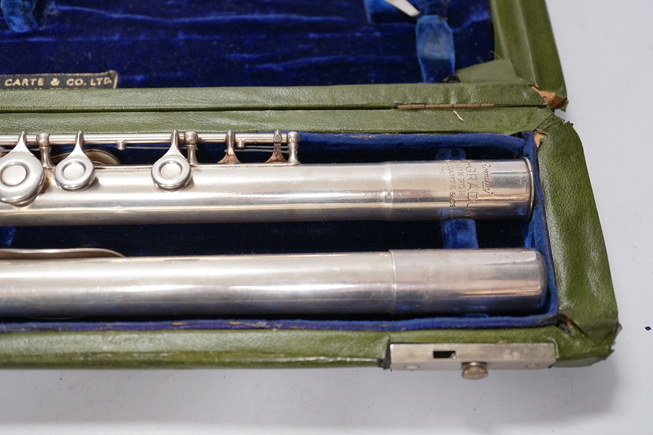 A cased Rudall, Carte & Co. flute, with closed hole key work and sterling silver head joint